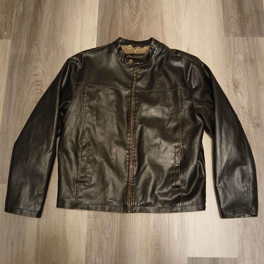 Whispering Smith Men's Large Dark Brown Faux Leather Sherpa Lined Bomber Jacket